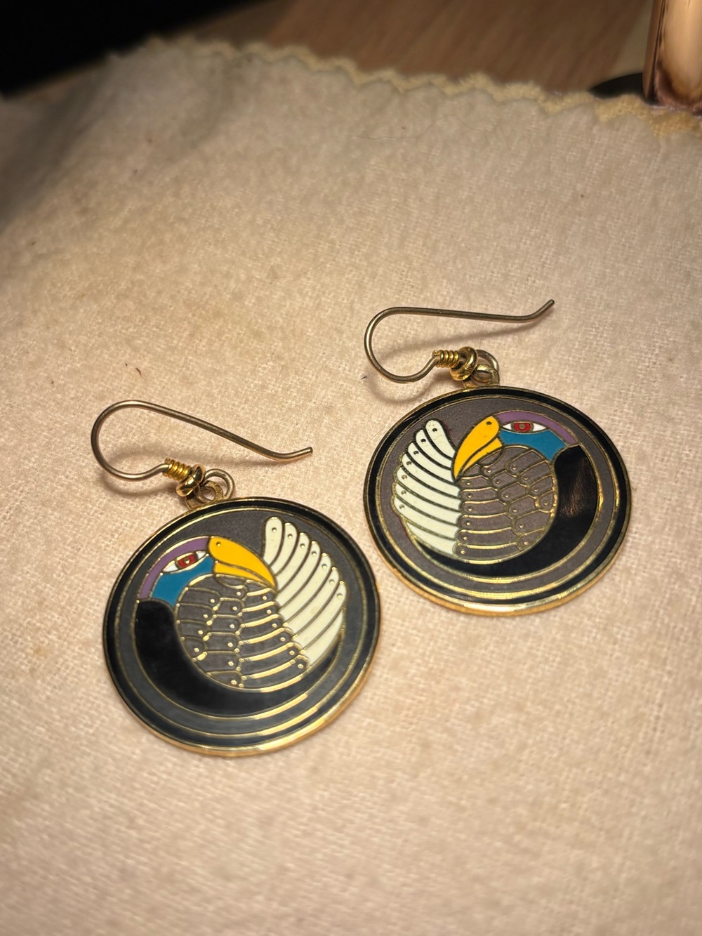 Vintage 80s Laurel Burch Mynah Bird Gold Plated Black Drop Earrings Eclectic